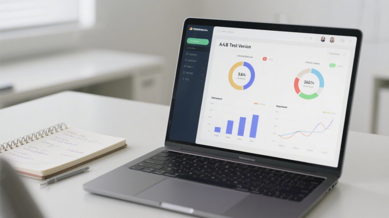 Laptop screen displaying A/B test variant comparison with clear statistical indicators, two column layout, and a notebook with structured notes in a minimal office