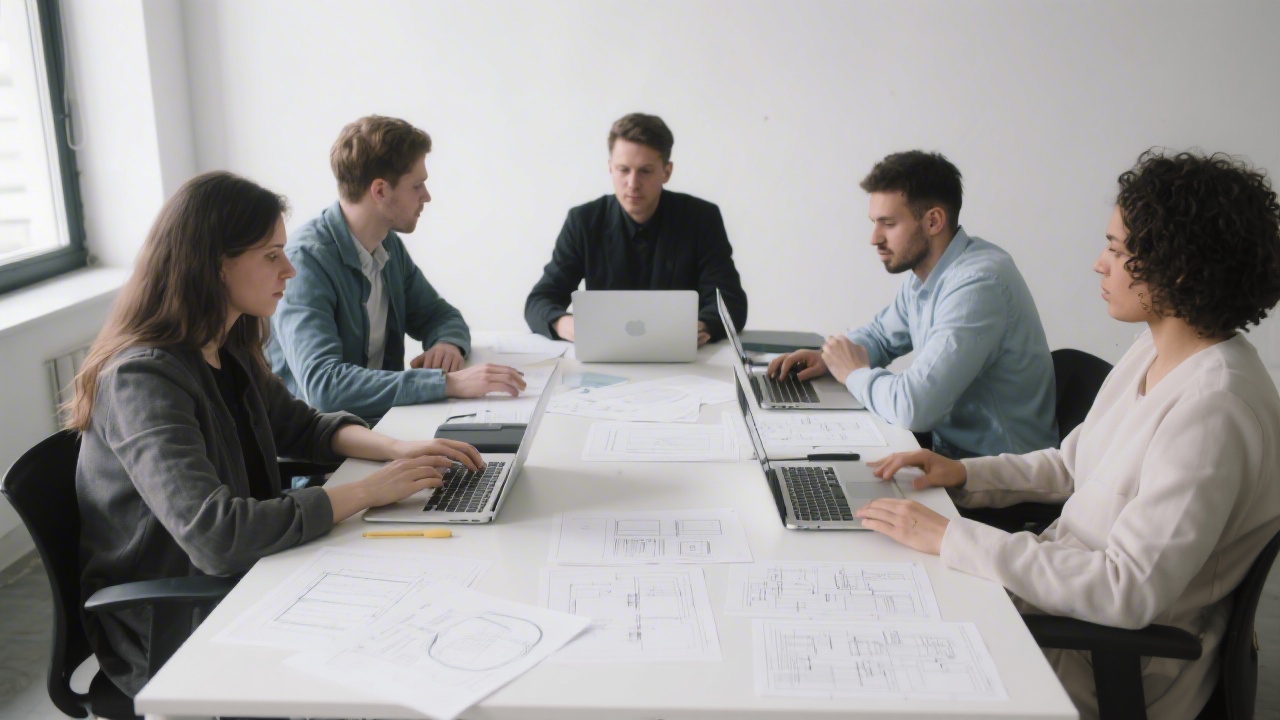Small workshop table with analytics reports, printed funnel charts, and laptops open to web pages, collaborative yet minimal environment suitable for a CRO session