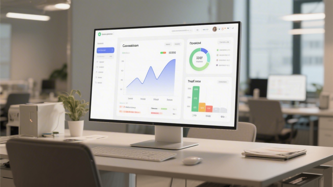 Wide monitor showing a clean analytics dashboard with conversion funnel charts, uplift indicators, and traffic segments, modern office environment with neutral lighting and organized desk