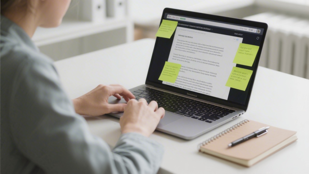 Content strategist reviewing website copy on a laptop, highlighted text blocks and notes, calm office setting with a notebook and pen for messaging improvements