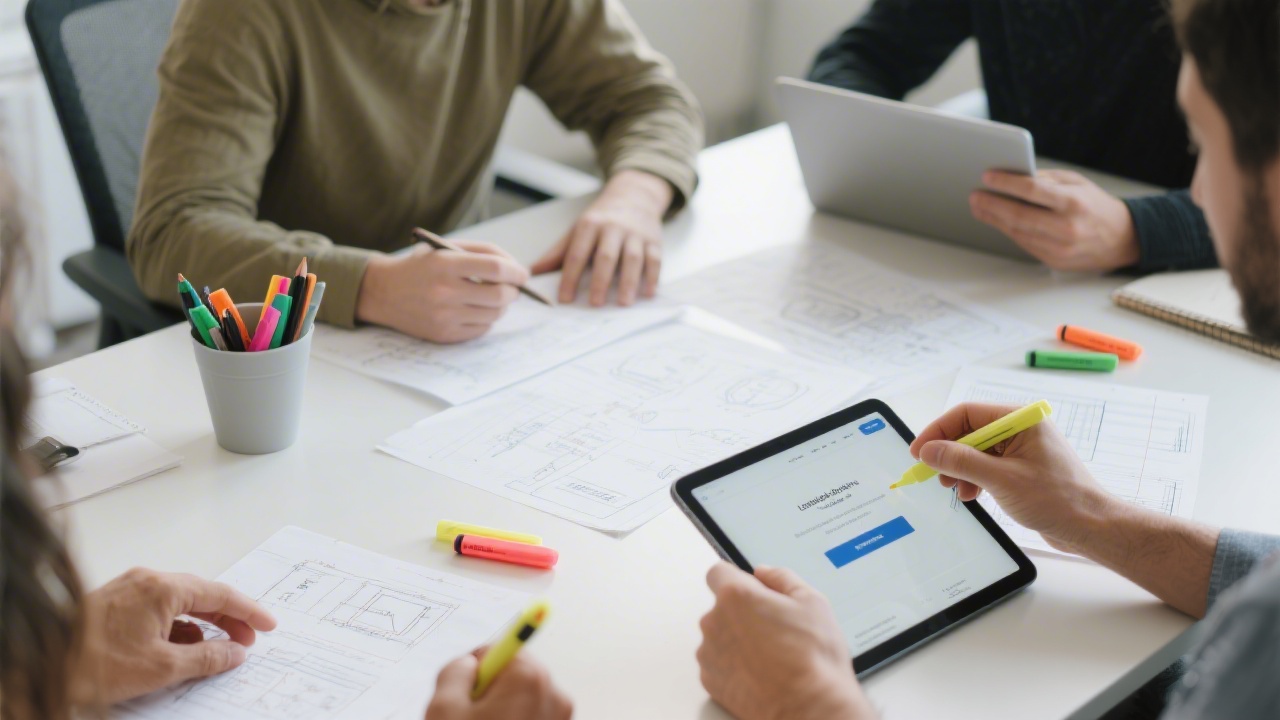 User experience review session with printed wireframes, highlighters, and a tablet showing a landing page, collaborative workspace with calm and focused atmosphere